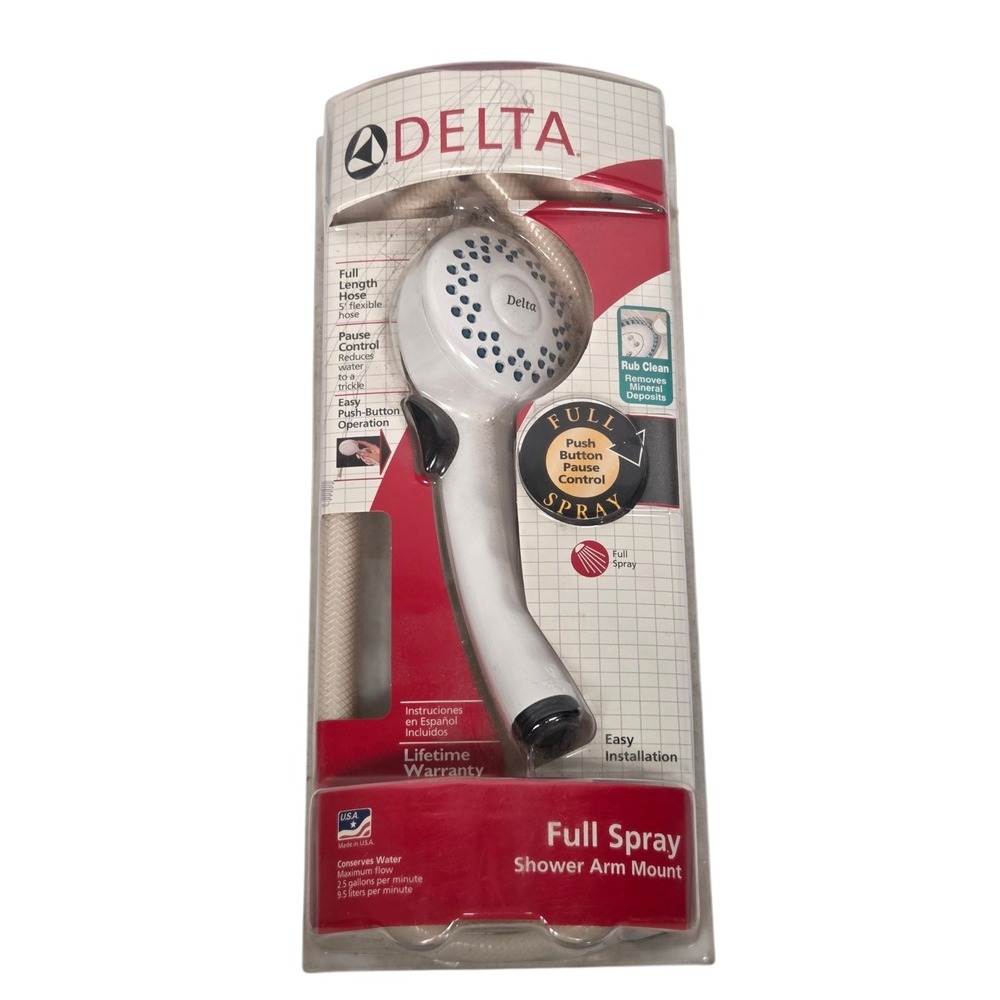 New Vtg Delta Handheld Shower Head  White Pause Control 5ft Hose 1457 Deadstock